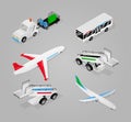 Airport transport elements airplans, bus, cargo cars loader, stairs. Vector isometric icon illustration