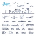 Airport transport set. Various types of cars and vehicles for Airport ground support service. Outline style vector