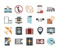 Airport travel transport terminal tourism or business laptop smartphone suitcase passport plane ticket flat style icons Royalty Free Stock Photo