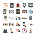 Airport travel transport terminal tourism or business plane passport suitcase ticket suitcase luggage flat style icons