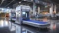 Airport Vigilance - Front View Of Airport Security Checkpoint With X-Ray Scanner Scanning Luggages. Generative AI