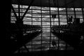 airport waiting area , seats and outside the window scene, black and white Royalty Free Stock Photo