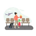 Airport waiting hall. Girl passenger with luggage, passport and ticket waiting for flight, flat vector illustration.