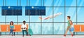 Airport waiting room. Departure lounge with chairs, information panels and people. Terminal hall with airplanes view.