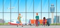 Airport waiting room. Departure lounge with chairs and people. Terminal hall with airplanes view.