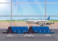 Airport waiting room or departure lounge with chairs. Terminal hall airfield view on airplanes Royalty Free Stock Photo