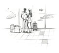 Airport waiting room. The girl and the man are standing near the suitcases. Drawing with a slate pencil. Isolated on white Royalty Free Stock Photo