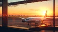 airport windows with view outside on airplane on sunset Royalty Free Stock Photo