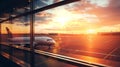 airport windows with view outside on airplane on sunset Royalty Free Stock Photo