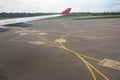 Airport yellow taxiway lines markings on the apron on concrete asphalt, sign for airplane pilots