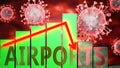 Airports, Covid-19 virus and economic crisis, symbolized by graph with word Airports going down to picture that coronavirus