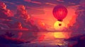 An airship with a basket flies over the ocean or lake at sunset. There is an evening sun on the horizon, and a bright