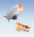 Airship and biplane flying in the sky