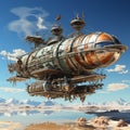 The airship flies across the sky. Fantasy air transport. Concept: a ship of the future flying over the city Royalty Free Stock Photo