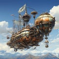 The airship flies across the sky. Fantasy air transport. Concept: a ship of the future flying over the city Royalty Free Stock Photo