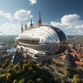 The airship flies across the sky. Fantasy air transport. Concept: a ship of the future flying over the city Royalty Free Stock Photo