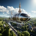 The airship flies across the sky. Fantasy air transport. Concept: a ship of the future flying over the city Royalty Free Stock Photo