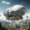 The airship flies across the sky. Fantasy air transport. Concept: a ship of the future flying over the city Royalty Free Stock Photo