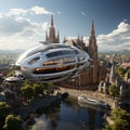 The airship flies across the sky. Fantasy air transport. Concept: a ship of the future flying over the city Royalty Free Stock Photo