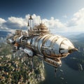 The airship flies across the sky. Fantasy air transport. Concept: a ship of the future flying over the city Royalty Free Stock Photo