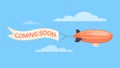 Airship flying in the sky with a coming soon message