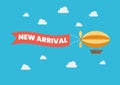 Airship pulls the banner with word NEW ARRIVAL on it Royalty Free Stock Photo