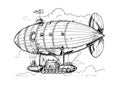 Airship retro flying in the clouds hand drawn sketch engraving style Royalty Free Stock Photo