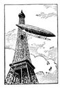 Airship is rounding the Eiffel Tower gas bags vintage engraving