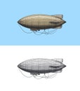 Airship or zeppelin and dirigible or blimp. Engraved hand drawn in old sketch style, vintage transport. Royalty Free Stock Photo