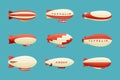 Airships set. Retro zeppelin with red white stripes cabins for passengers elongated huge balloons with helium for free