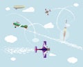 Airshow. Flight of airplanes and airship in the sky. Rocket launch. Vector graphics.