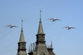 The airshow on the Red Square, the group of multi-purpose four-engine turbofan strategic airlifters Ilyushin Il-76