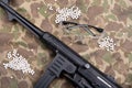 Airsoft gun with protective glasses and lot of bullets Royalty Free Stock Photo