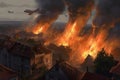 Airstrike assault burning city houses. Generate ai Royalty Free Stock Photo