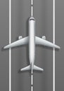 Airstrip with white airplane. Plane mockup top view. Travel agency advertisement poster design. Vector illustration