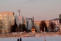 a balloon at sunset in winter, in the north of Russia.