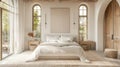 An airy bedroom with a neutral color scheme and minimalist furnishings. The focus is on the large platform bed dressed Royalty Free Stock Photo