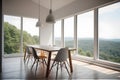 Airy dining room with a minimalist table, stylish chairs, and panoramic views of the surrounding landscape. Generative AI