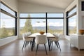 Airy dining room with a minimalist table, stylish chairs, and panoramic views of the surrounding landscape. Generative AI