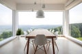 Airy dining room with a minimalist table, stylish chairs, and panoramic views of the surrounding landscape. Generative AI