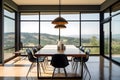 Airy dining room with a minimalist table, stylish chairs, and panoramic views of the surrounding landscape. Generative AI