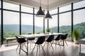 Airy dining room with a minimalist table, stylish chairs, and panoramic views of the surrounding landscape. Generative AI