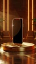 Airy excellence Realistic smartphone on a floating gold podium design