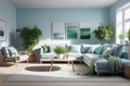 airy and spacious living room interior, natural light through windows, fresh houseplants, elegant and modern space Royalty Free Stock Photo