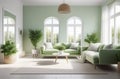 airy and spacious living room interior, natural light through windows, fresh houseplants, elegant and modern space Royalty Free Stock Photo