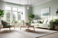 airy and spacious living room interior, natural light through windows, fresh houseplants, elegant and modern space Royalty Free Stock Photo