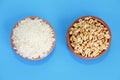 Airy sweet rice and natural white rice in ceramic plates