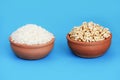 Airy sweet rice and natural white rice in ceramic plates