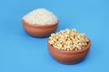 Airy sweet rice and natural white rice in ceramic plates