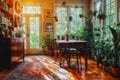 An airy and trendy dining room, bohemian-inspired with a mix of vintage and modern furniture, an eclectic collection of hanging